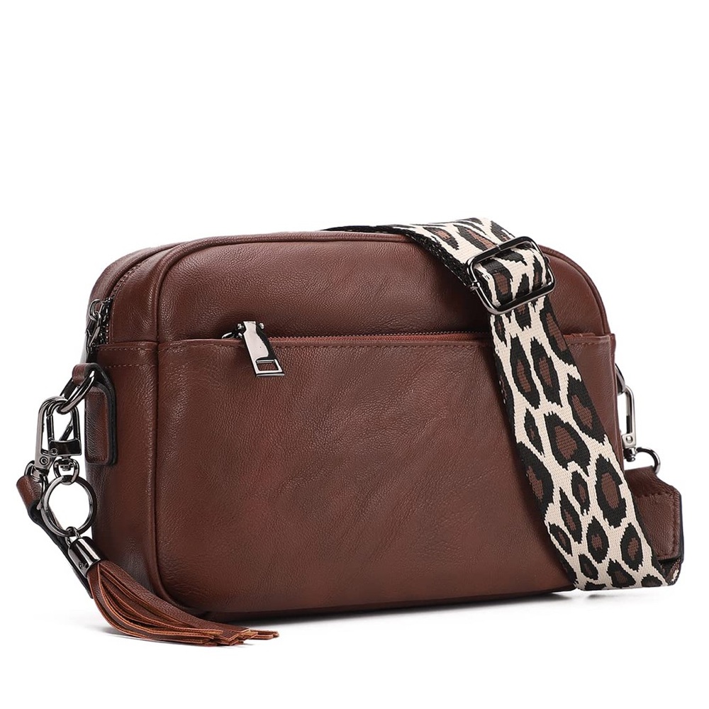 Brown Crossbody Faux Leather Purse w/ Leopard Strap